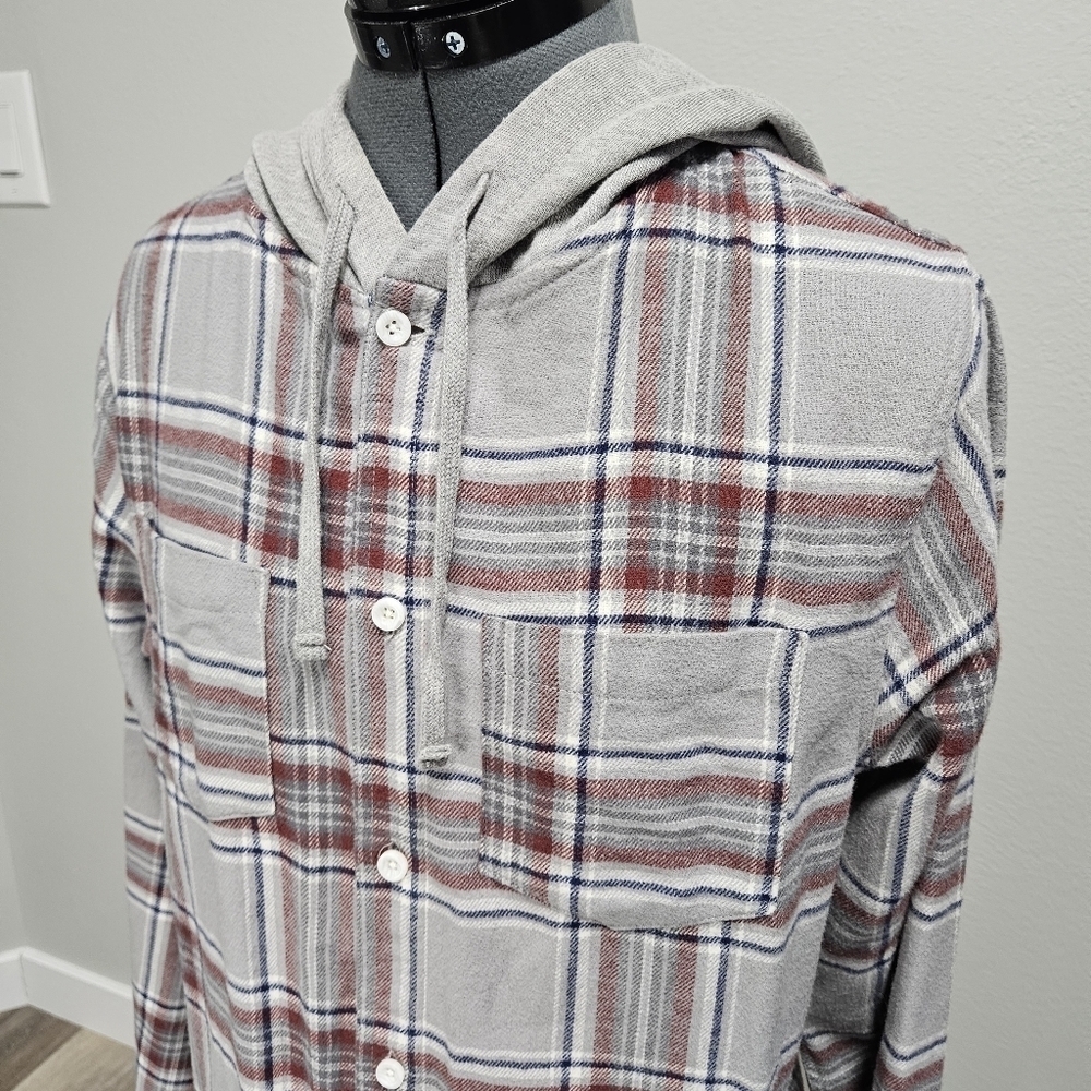 Pacsun Hooded Grey Plaid Button Up Oversize Flannel Shacket Jacket Womens Small - Picture 9 of 13